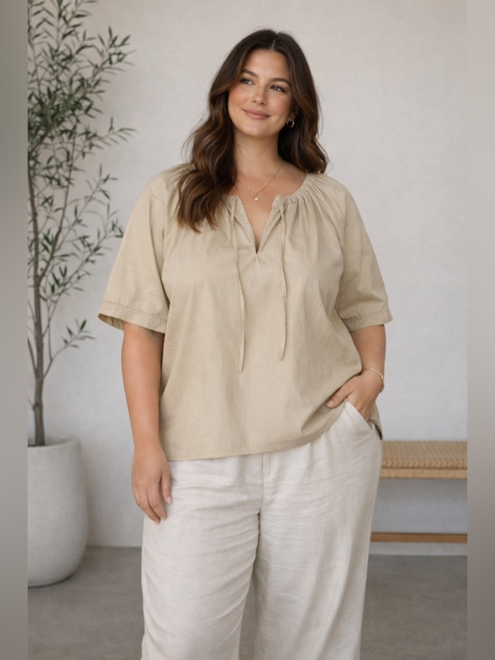 J.Crew Tan Poplin Blouse 2X Tie Neck Short Sleeve Cotton Top